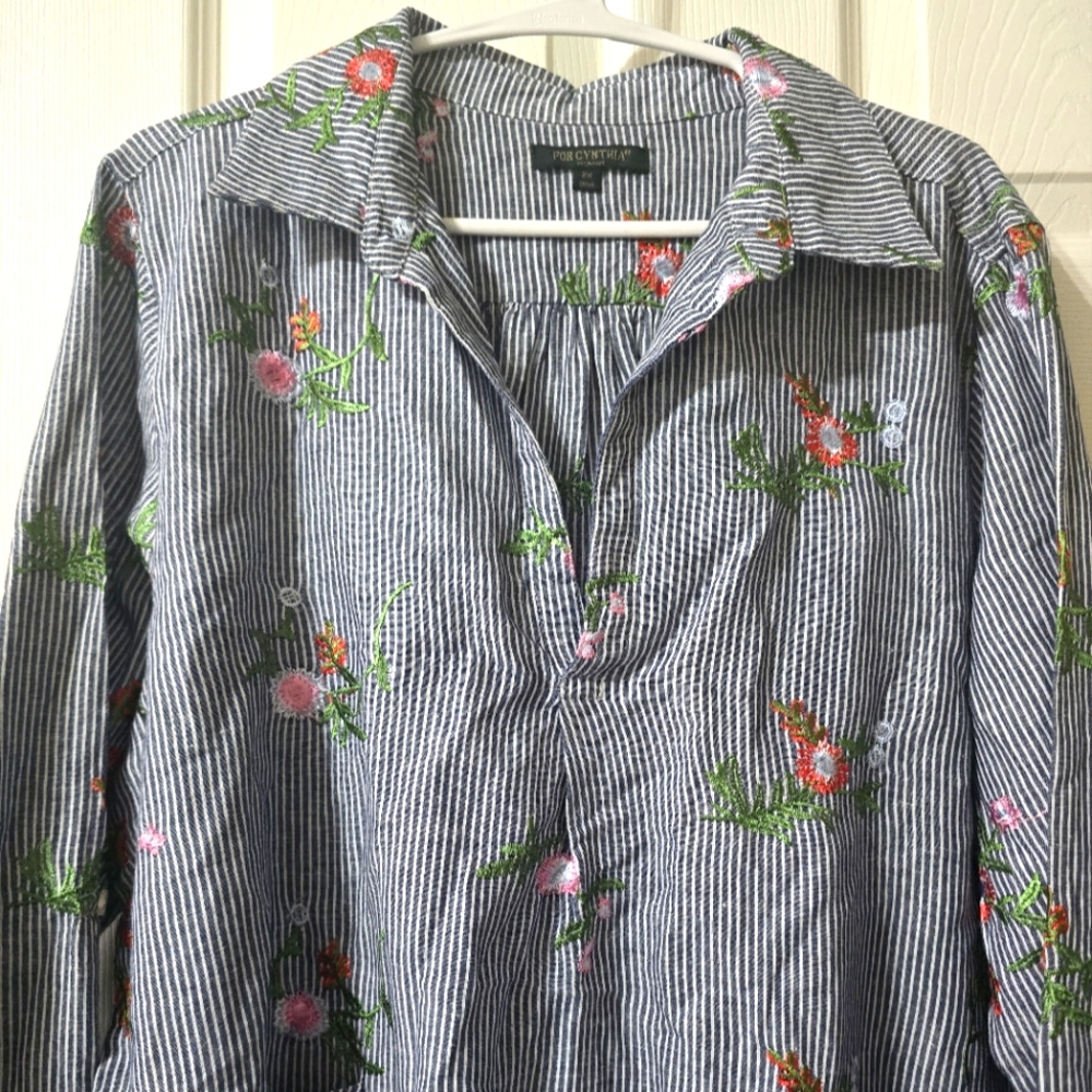 For Cynthia Linen & Cotton Striped Floral Embroidered Popover Tunic, Sz 2X, EUC! - Picture 2 of 14